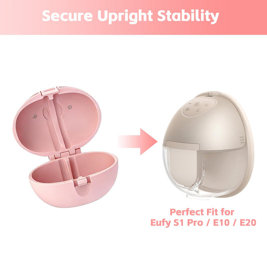 LayeredNest pink wearable breast pump holder showing upright spill proof design