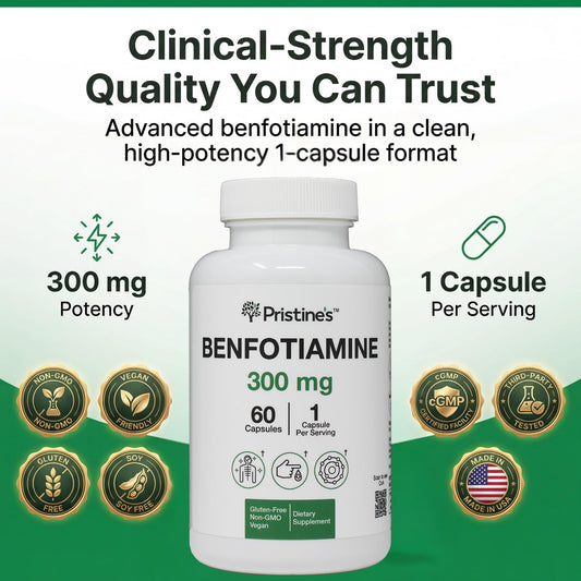 Pristine's Vitamin B1 high bioavailability supplement fact label detail showing 300mg dosage.