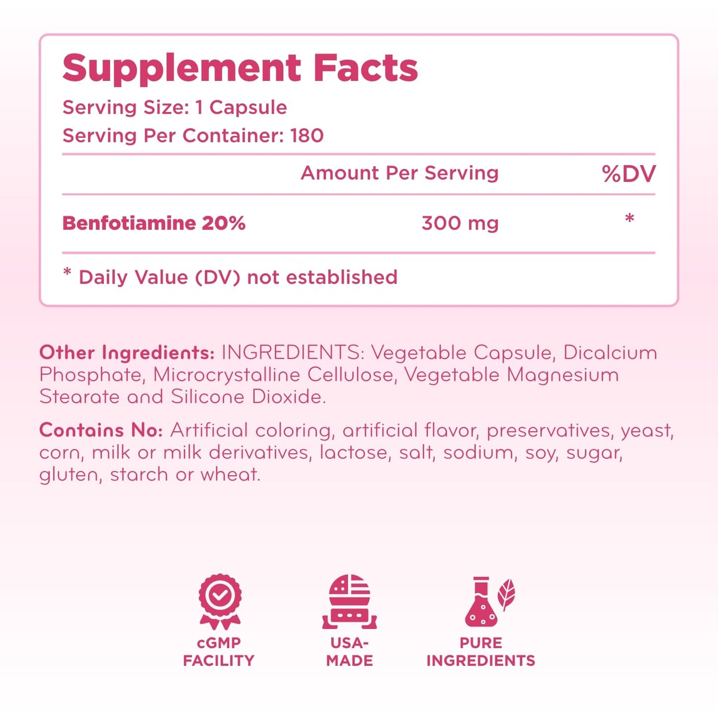 Clear Formulas Vitamin B1 Benfotiamine capsule supplement bottle showing manufacturing compliance details