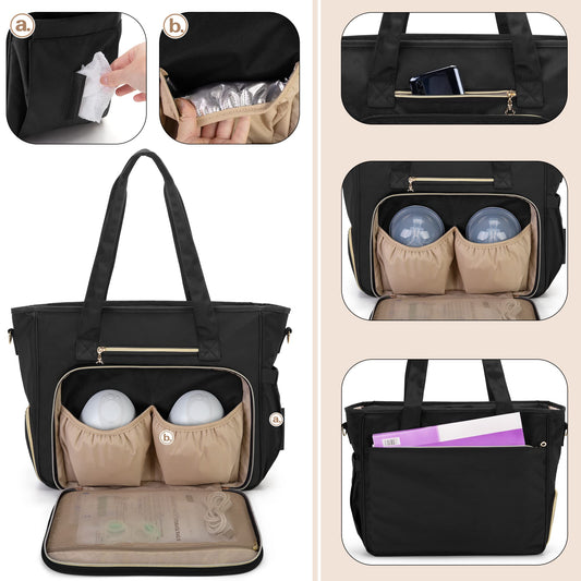 BAFASO pumping tote open main compartment displaying fifteen point six inch laptop inside the padded sleeve.