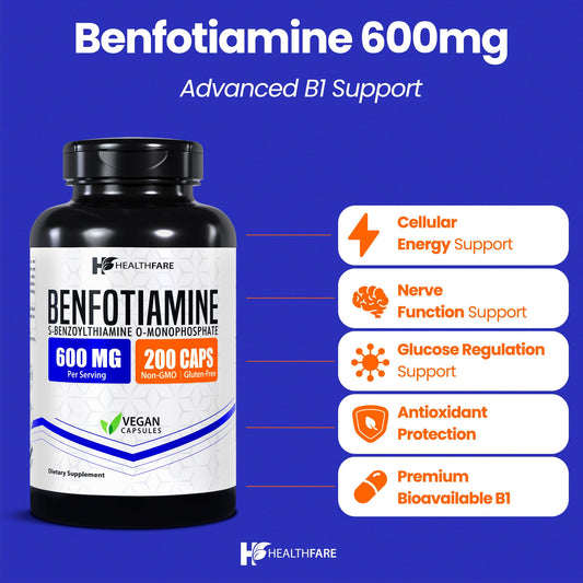 HealthFare fat-soluble Vitamin B1 supplement bottle showing 600mg dosage facts