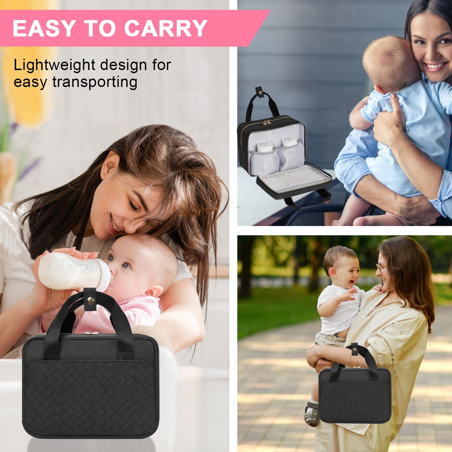 Phoebus Baby travel pump tote showing front zipper pocket for accessories and chargers