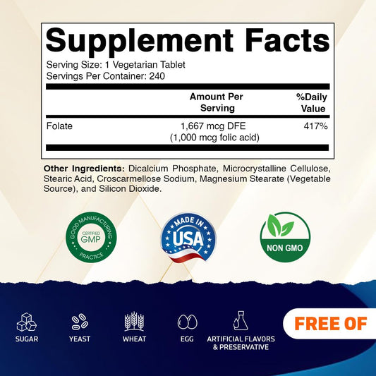 Vitamatic Vitamin B9 1667mcg DFE supplement bottle side panels showing directions for use