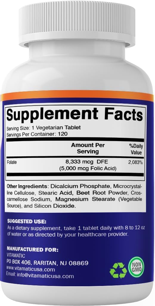 Vitamatic Folic Acid 5 milligrams supplement bottle showing secure packaging seal