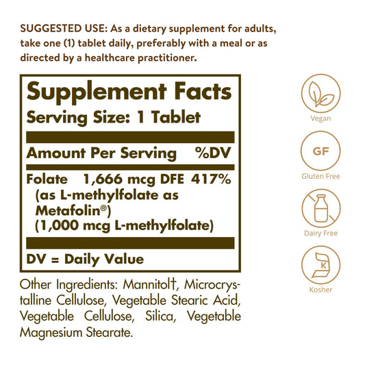 Solgar Bio Active Metafolin 1000 Micrograms nutritional facts panel and ingredient list