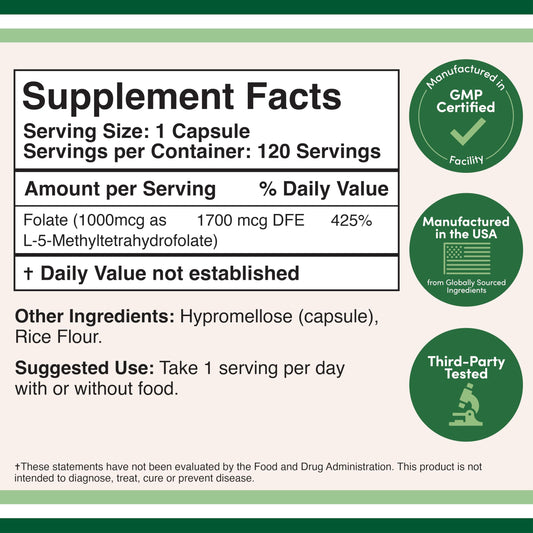 Active Vitamin B9 supplement label details with nutritional facts and third party tested certification.
