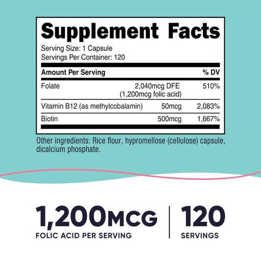 Nutricost Women Folic Acid supplement label displaying biotin and vitamin b12 ingredients