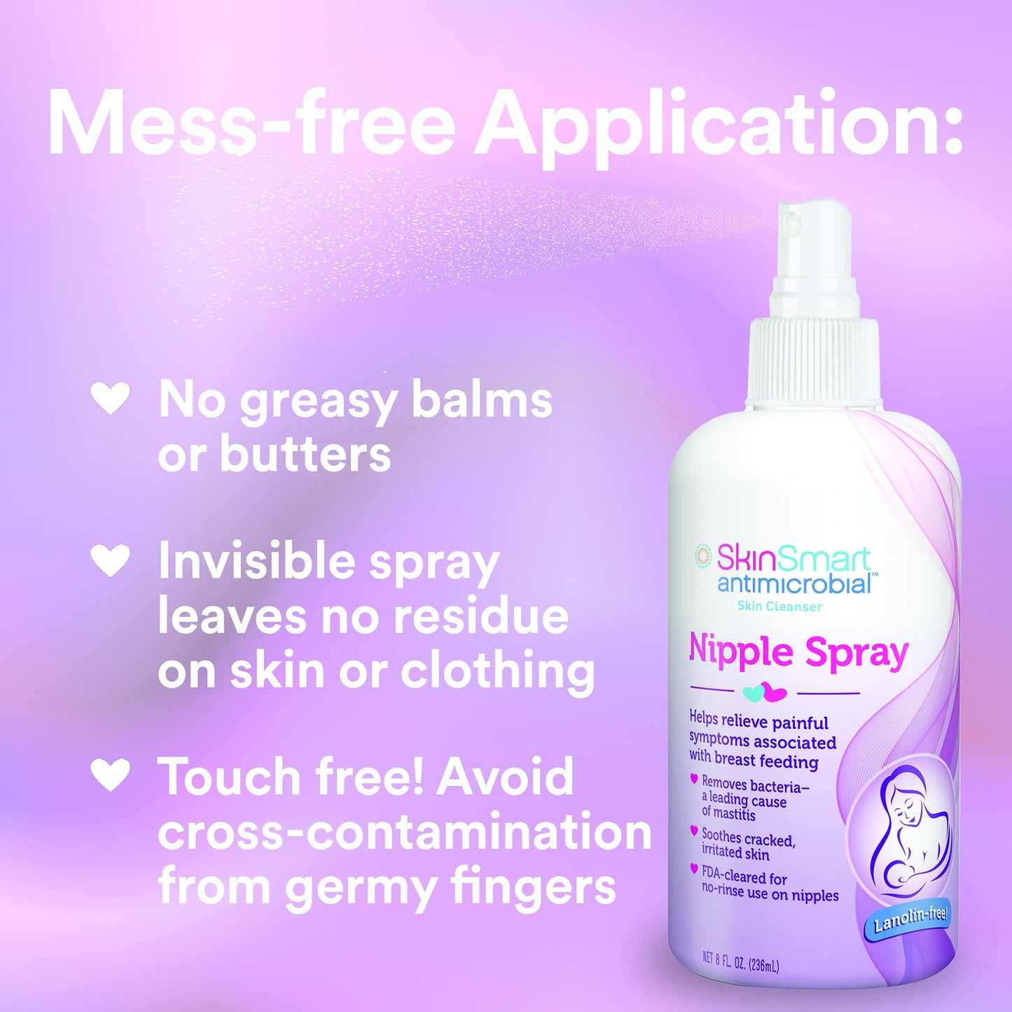 SkinSmart Nipple Relief Spray bottle next to nursing accessories