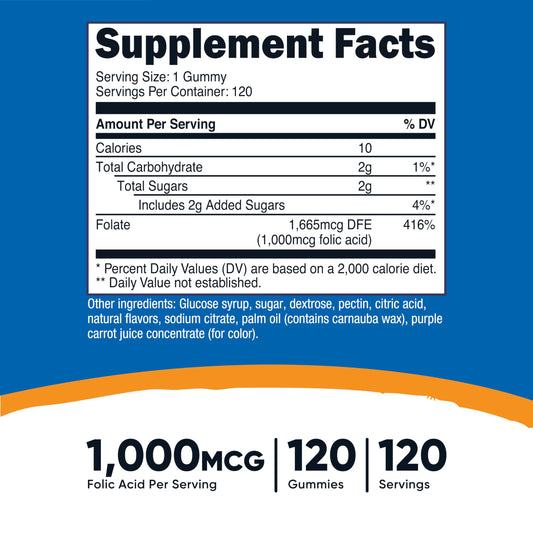 Nutricost Folic Acid 1000mcg supplement label showcasing vegetarian and non-GMO product certifications.