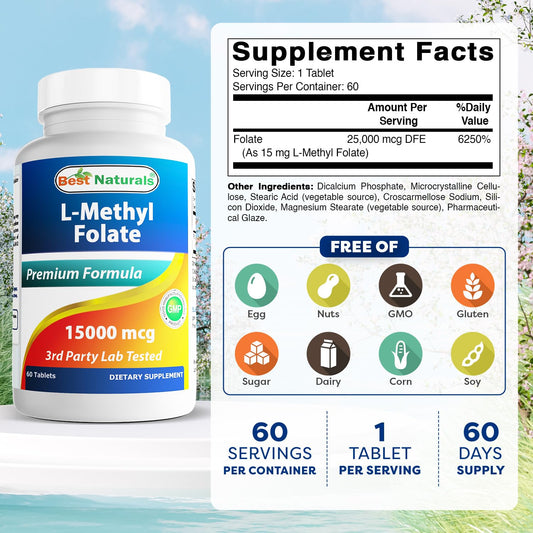 Best Naturals L-Methyl Folate 15000 mcg supplement label details listing ingredients and third-party laboratory testing verification