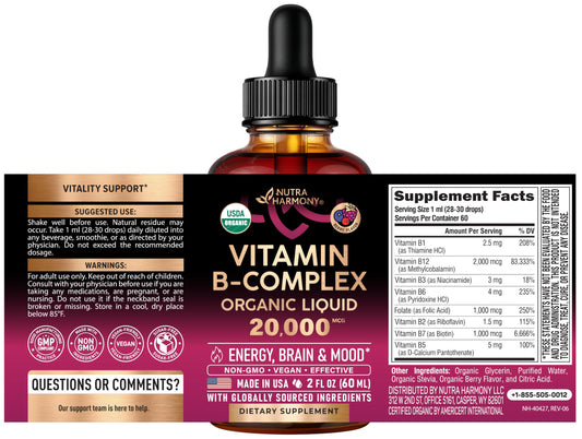 Nutraharmony liquid vitamin bottle showing supplement facts label