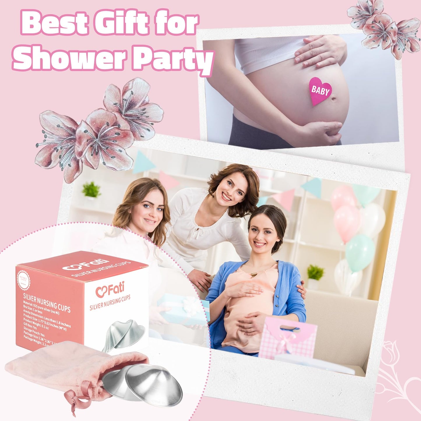 Fati brand silver nursing cups displayed with breastfeeding accessories