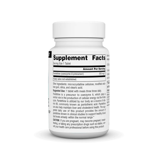 Close up of Source Naturals Pantethine 60 tablet bottle label
