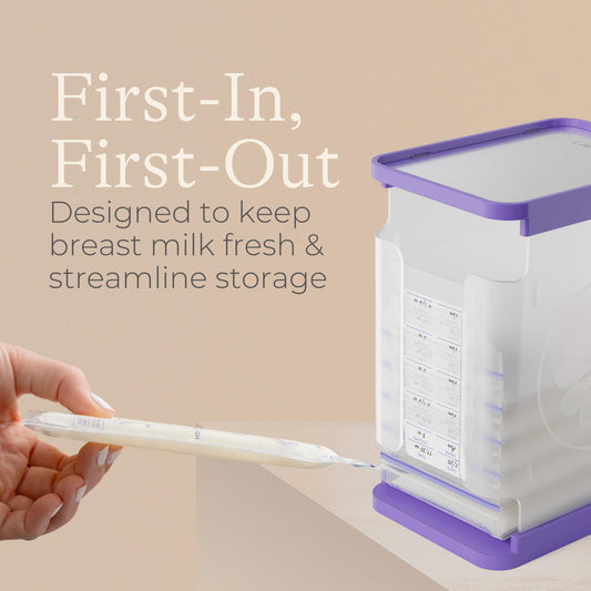 Lansinoh breast milk storage organizer showing horizontal freezer fit