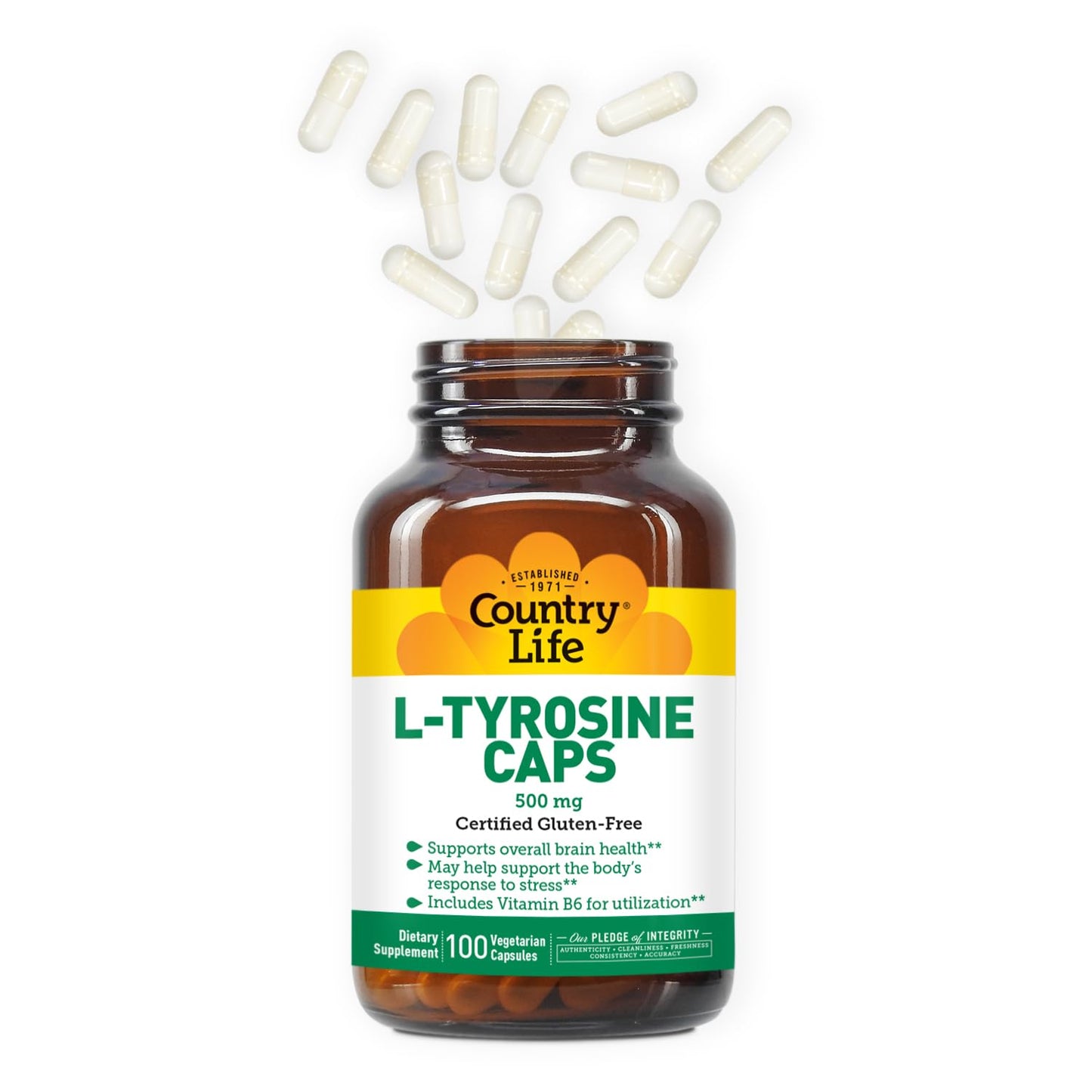 Country Life vegetarian capsules showing explicit adult dosage instructions and ingredients