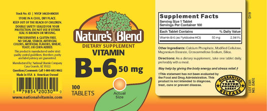 Imported USA dietary supplement Nature's Blend Pyridoxine B6 100 tablets label details