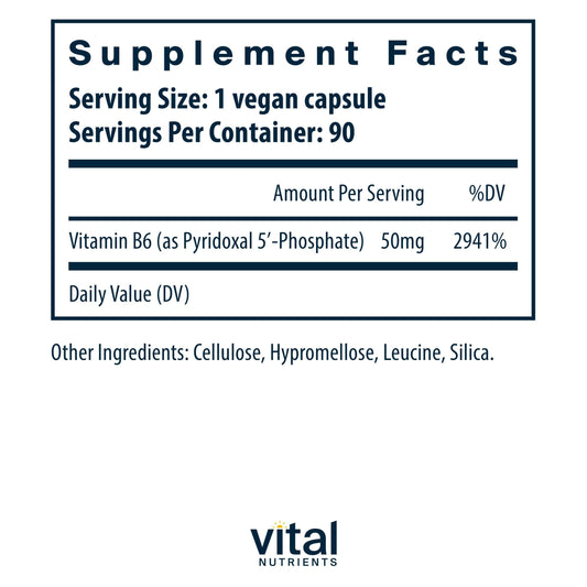 Vital Nutrients Activated Vitamin B6 90 vegetarian capsules supplement facts side panel