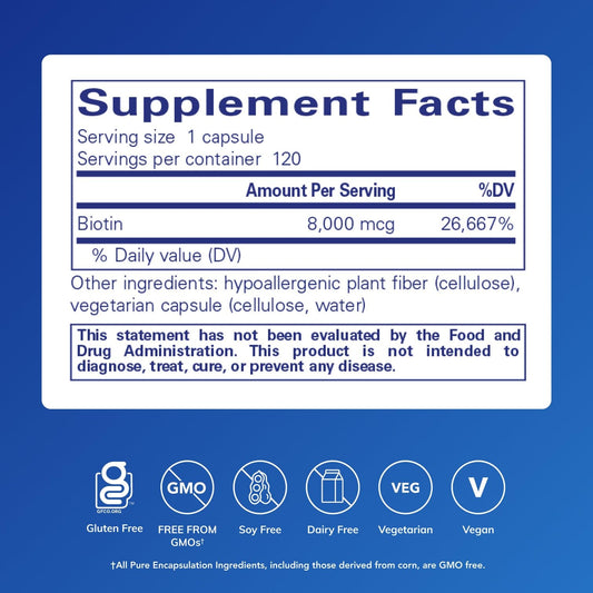 Pure Encapsulations Vitamin B7 120 capsules nutrition facts and allergen free label