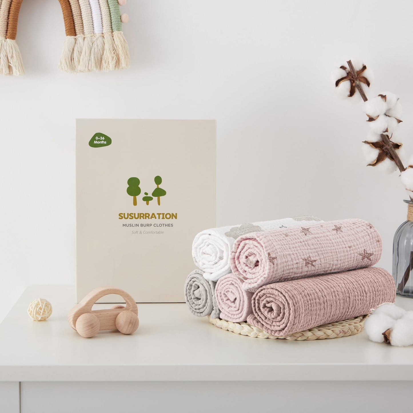Premium breathable cotton newborn burp rags pack display in solid and printed pink.