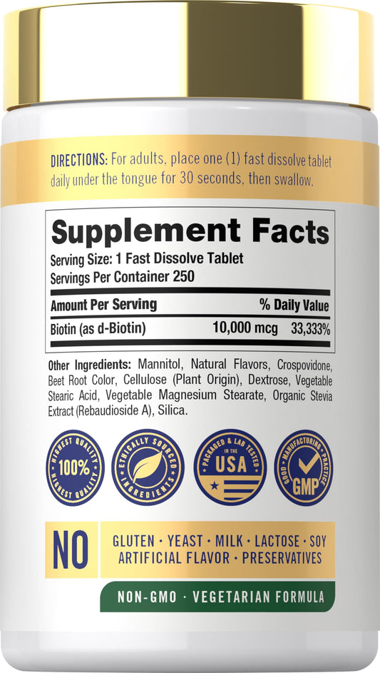 Carlyle maximum strength biotin tablets supplement facts and ingredient label side view