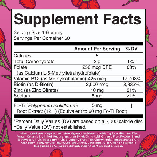 MaryRuth's vegan biotin gummies 2500mcg supplement facts and clean ingredients label