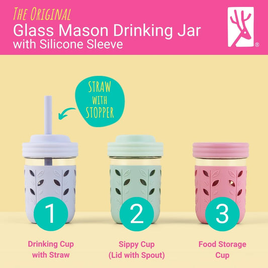 Elk and Friends toddler drinking tumblers with sage and blue leaf pattern protective silicone sleeves