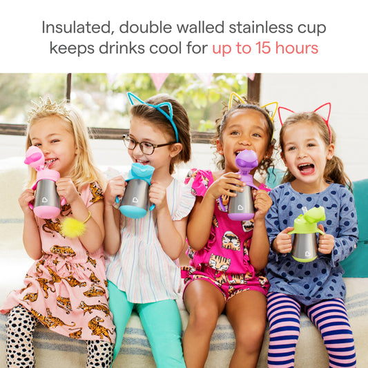 Munchkin insulated toddler sippy cup purple variant with open flip top lid revealing silicone straw