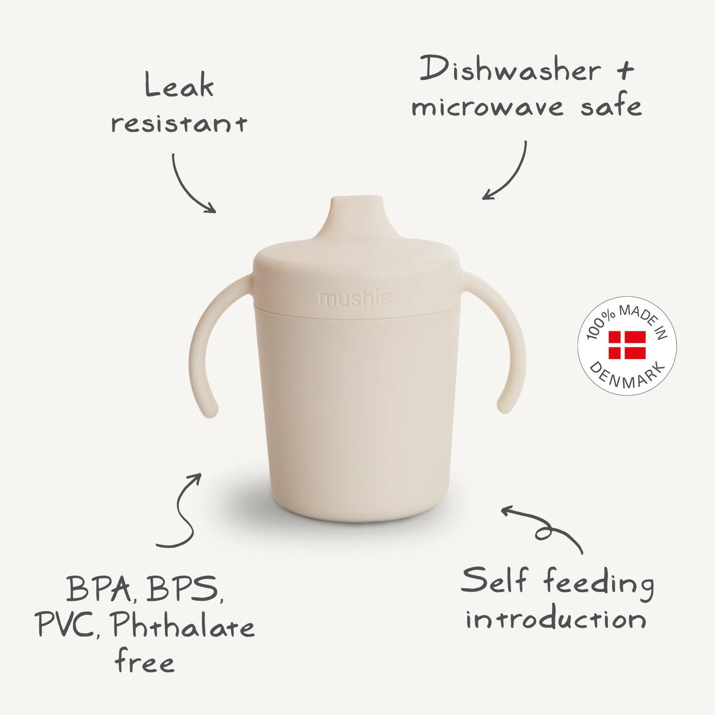 Authentic USA imported Mushie trainer cup product packaging layout