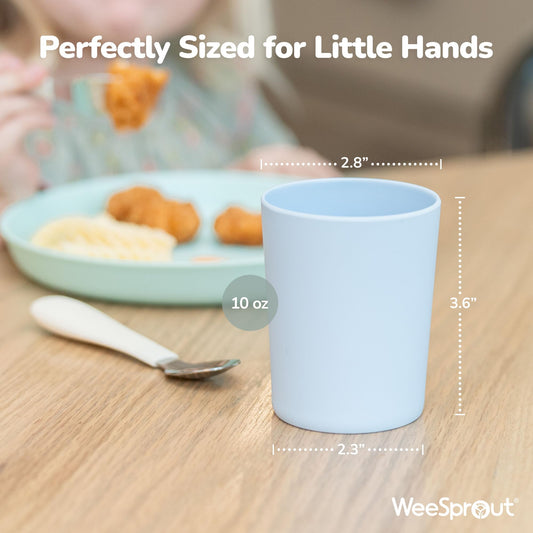 WeeSprout organic kids drinking glasses stacked together on a clean kitchen counter