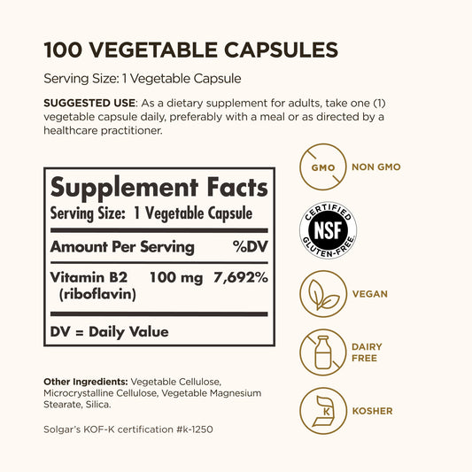 Solgar Vitamin B2 100 vegetable capsules supplement facts and clean ingredient label