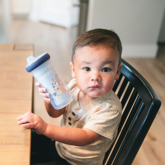 Two pack of Bluey themed toddler water bottles with drop-resistant bumpers