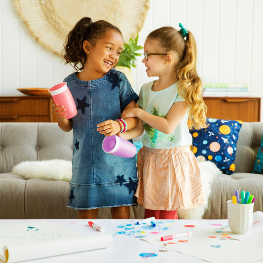 Spill proof toddler trainer cup with 360 degree drinking edge close up view