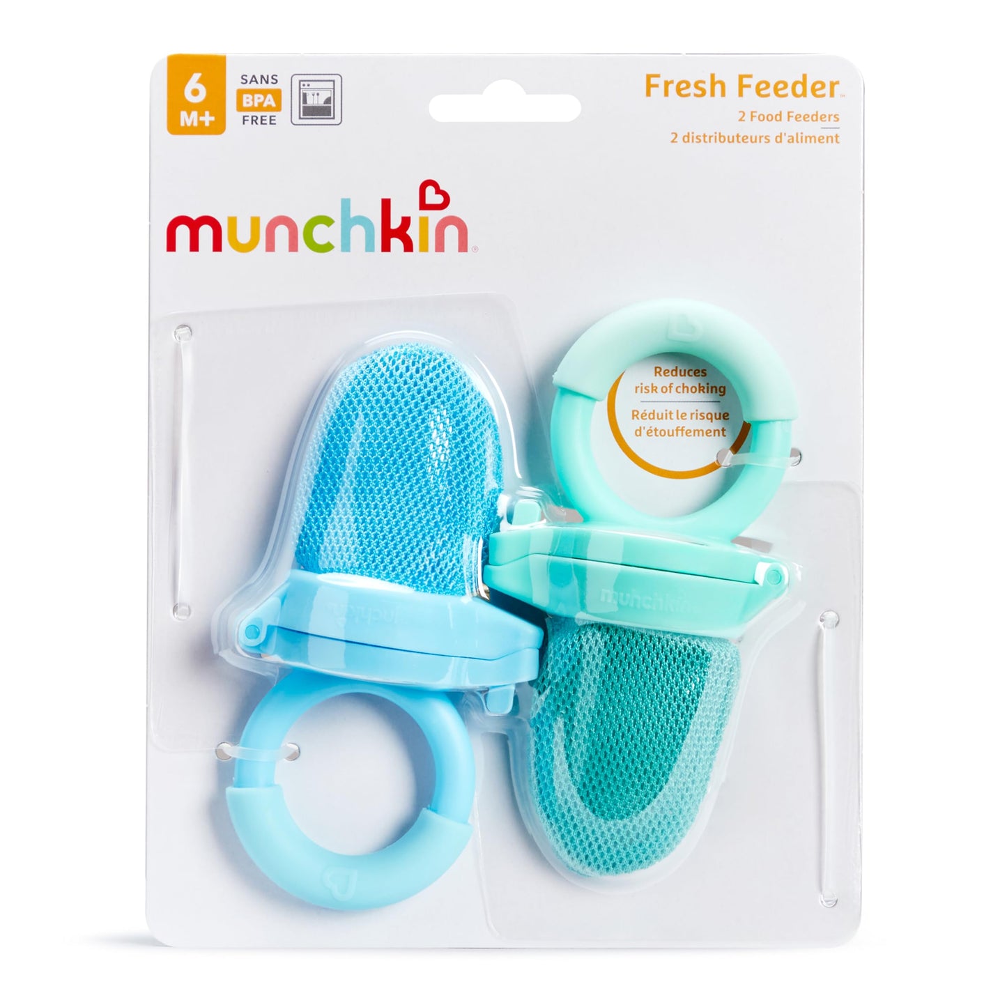 Munchkin baby fruit teether nibbler in blue and mint colors highlighting the stain reducing mesh bags