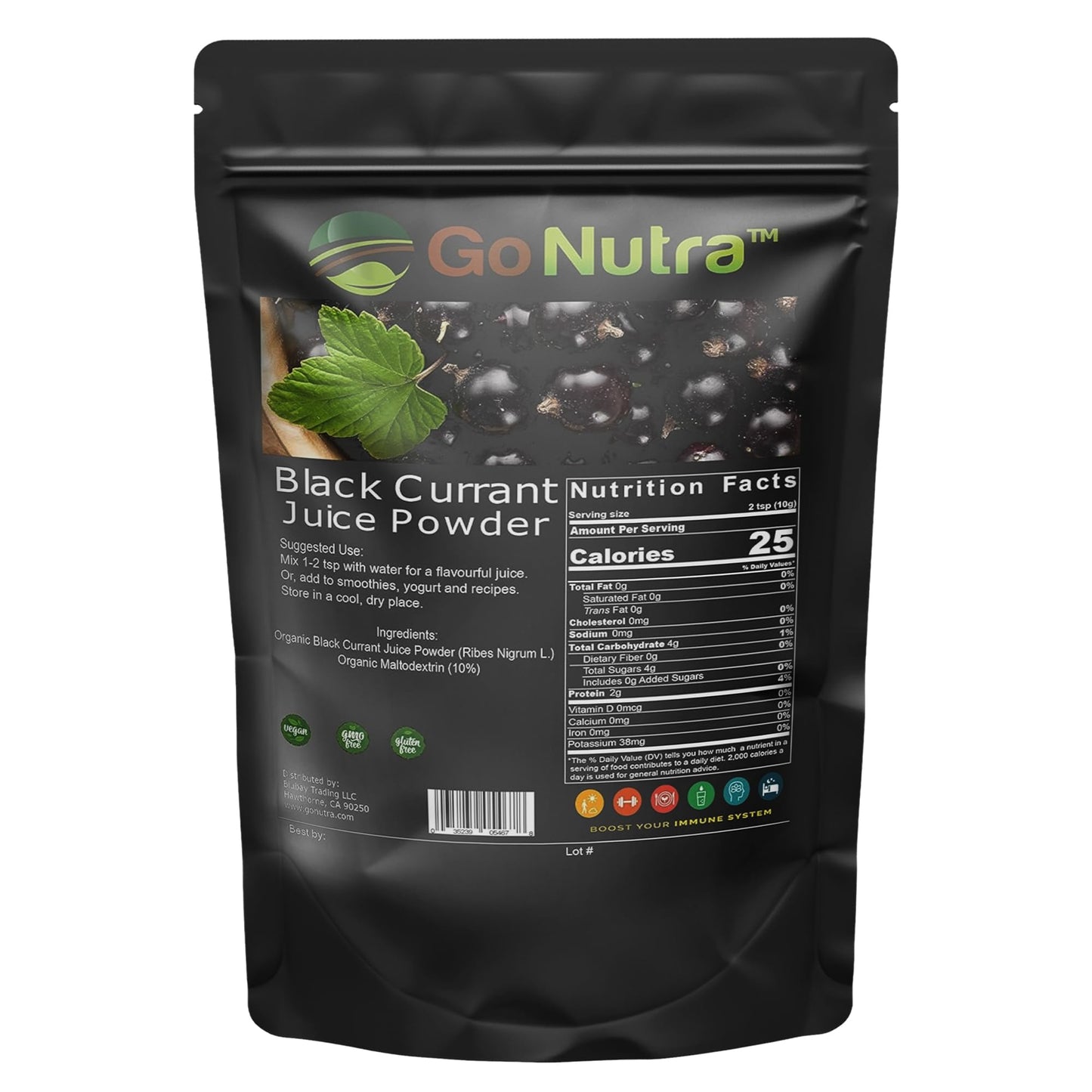 Go Nutra black currant supplement pouch next to fresh berries
