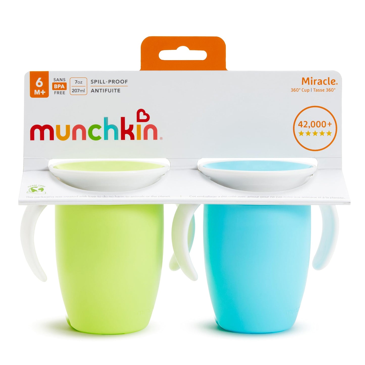 Infant holding the authentic imported Munchkin Miracle 360 trainer sippy cup by its side handles.