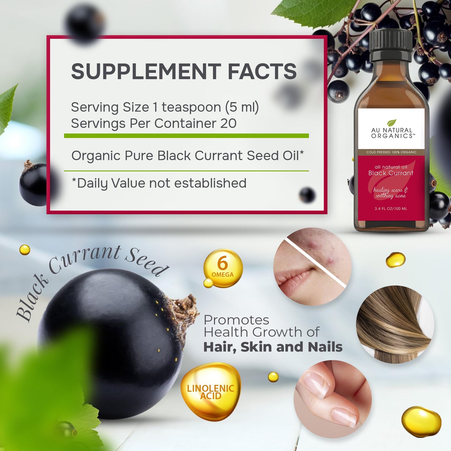 Side view of 100ml black currant seed oil cold pressed bottle