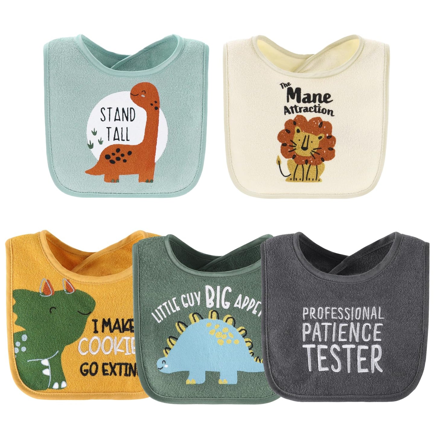 Toddler wearing The Peanutshell dinosaur print feeding bib