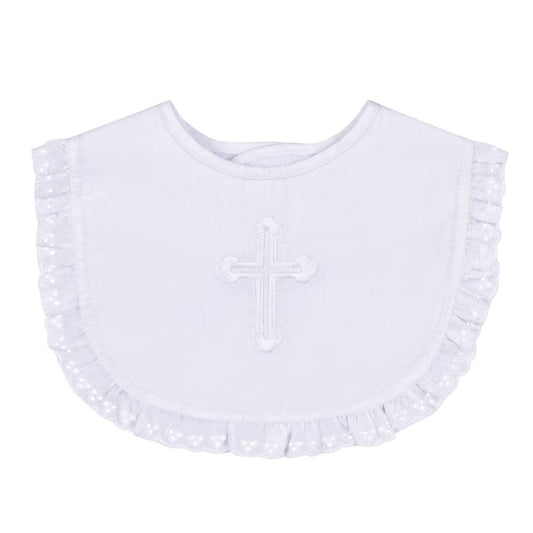 Close up of Estamico infant christening bib with lace trim
