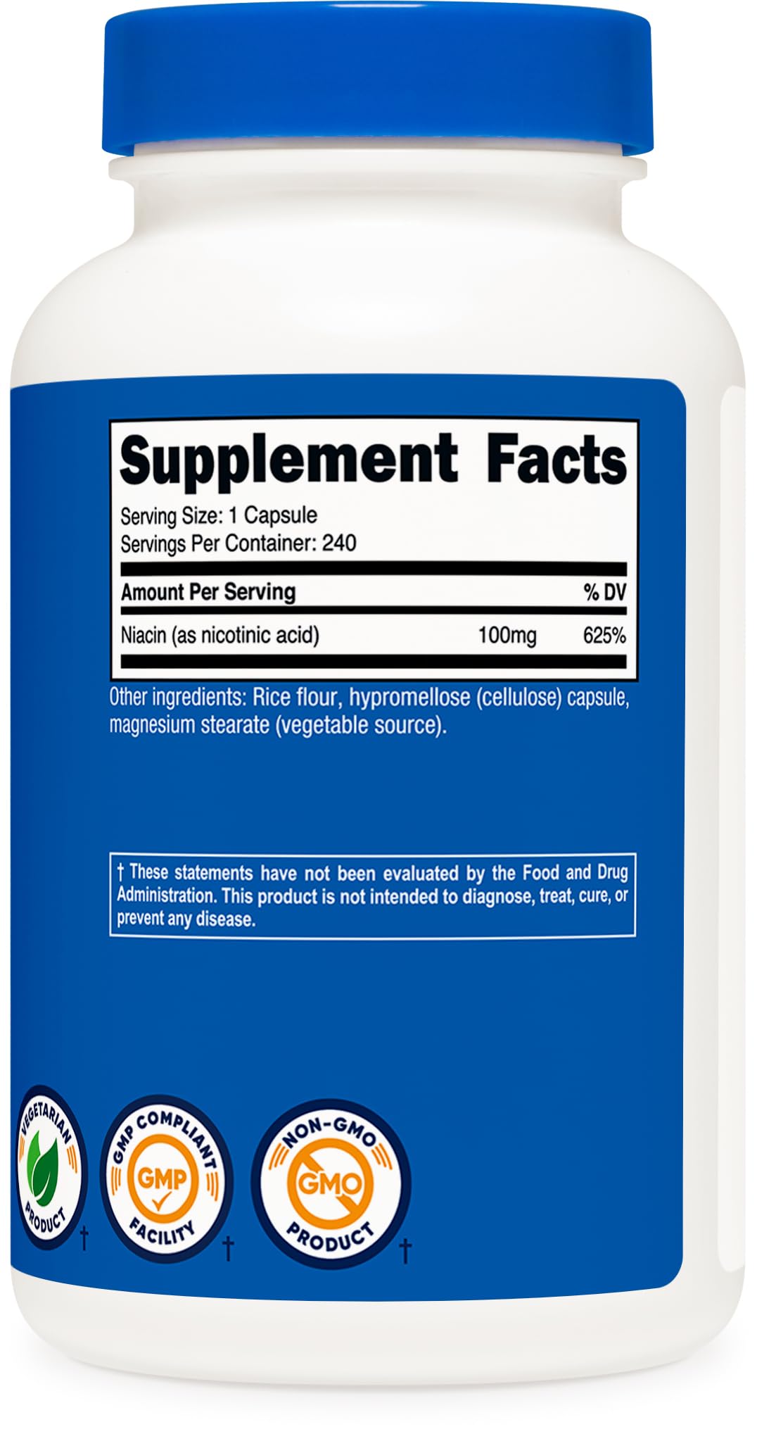 Nutricost Niacin 100mg cardiovascular and energy metabolism support supplement container showcasing the capsule quantity count
