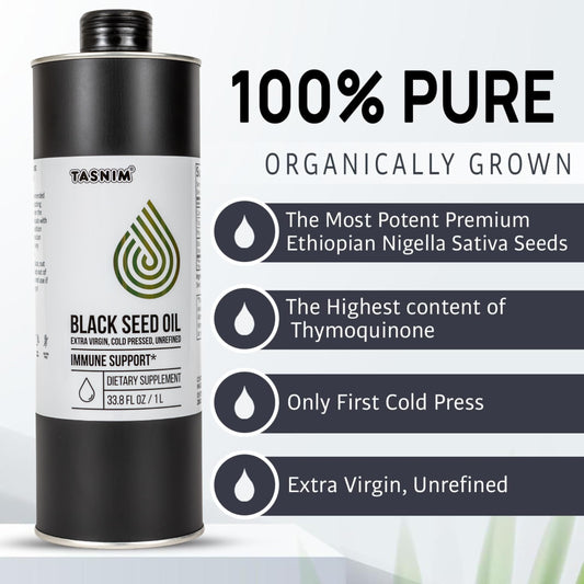 Tasnim unrefined black cumin seed oil supplement label details showing Thymoquinone content