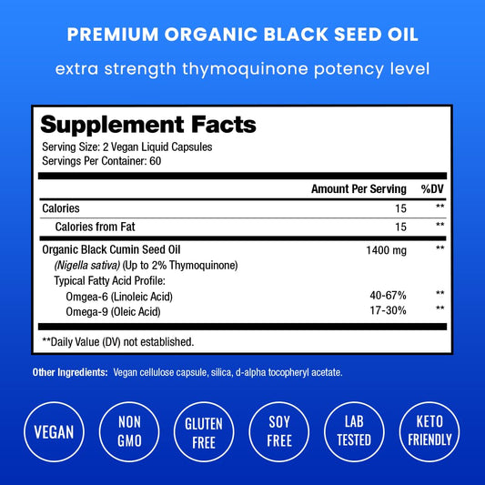 NutraChamps cold pressed black seed oil 1400mg supplement facts panel and ingredient list