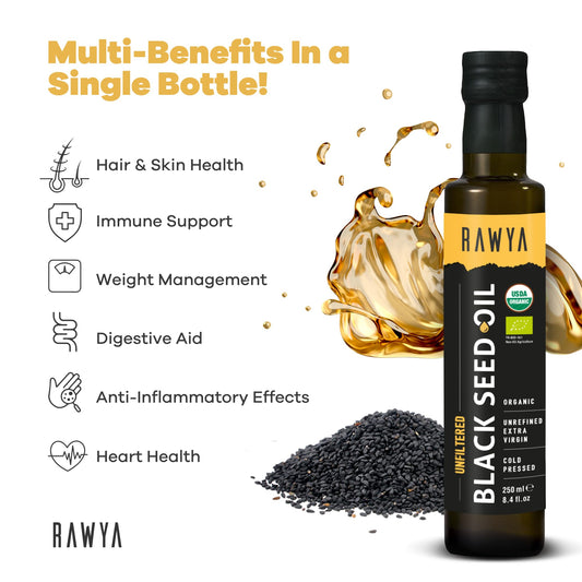 RAWYA cold pressed unfiltered black cumin seed supplement dark glass bottle packaging details.