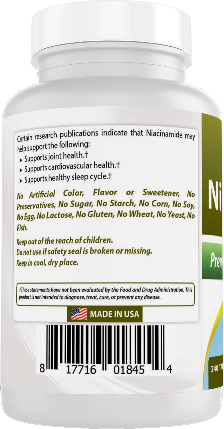Full layout of Best Naturals Niacinamide bottle demonstrating the gluten free and non Genetic Modified Organism product features