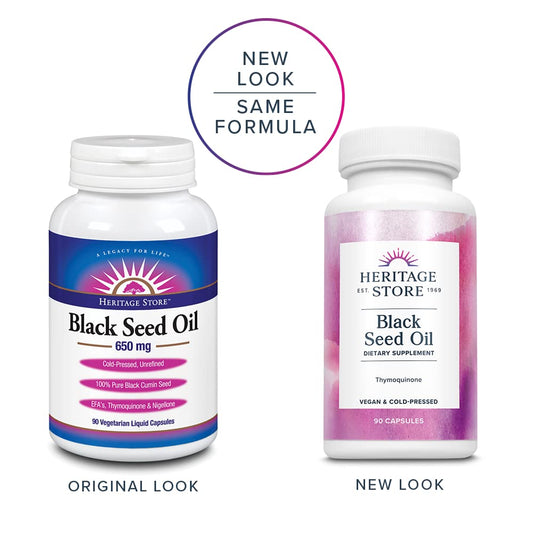 Heritage Store Black Seed Oil supplement label displaying 650 milligrams cold pressed vegan capsule facts