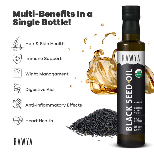 RAWYA organic cold pressed black cumin seed oil dark glass bottle for UV protection