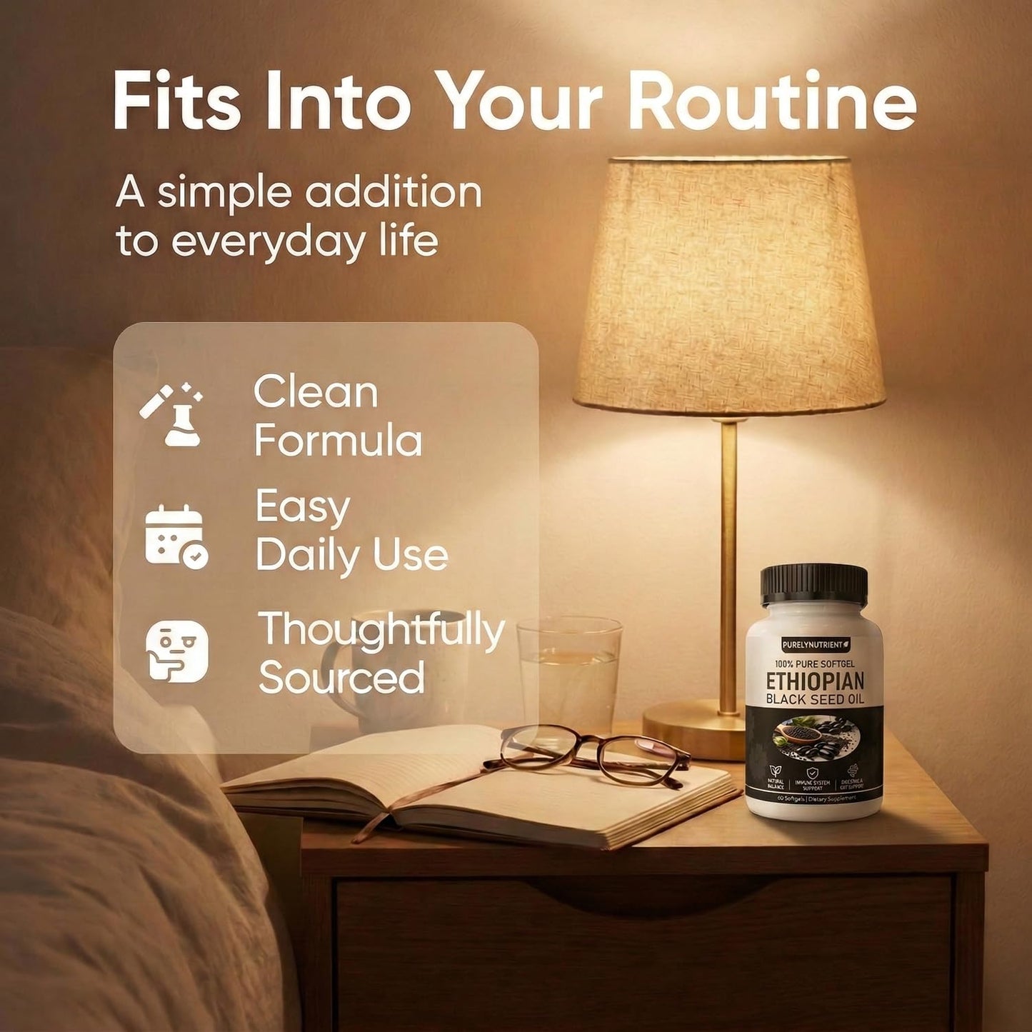 Purely Nutrient brand organic black cumin seed oil 60 softgels container demonstrating high potency thymoquinone levels.