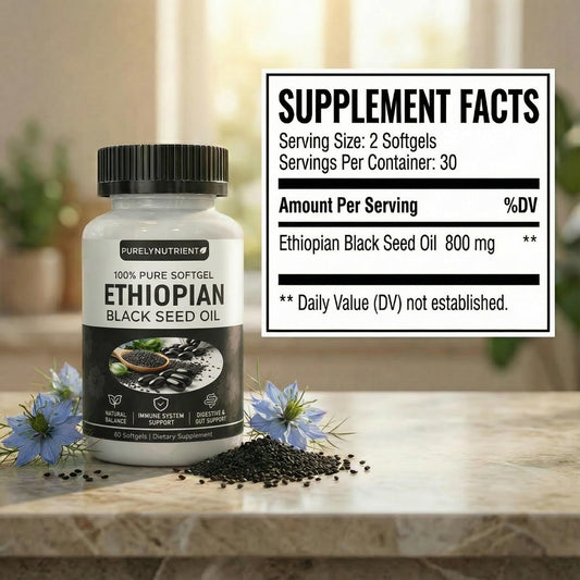 Purely Nutrient cold pressed black cumin seed oil capsules label highlighting thymoquinone content.