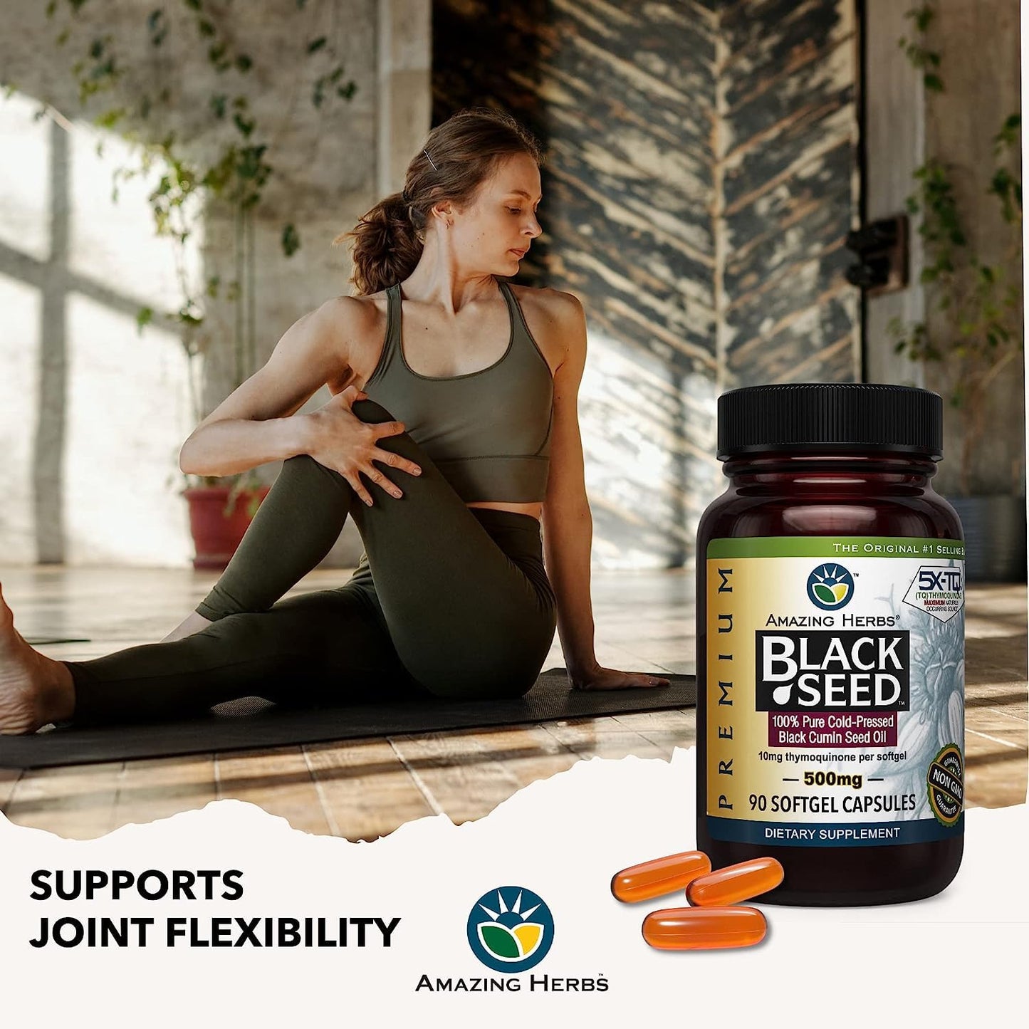 Authentic imported Amazing Herbs 500mg black cumin seed dietary supplement bottle placed on a clean background