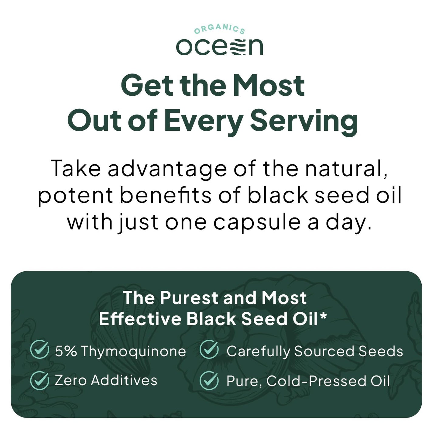 Side view of Organics Ocean pure herbal oil capsules showcasing the standard thirty day supply volume.