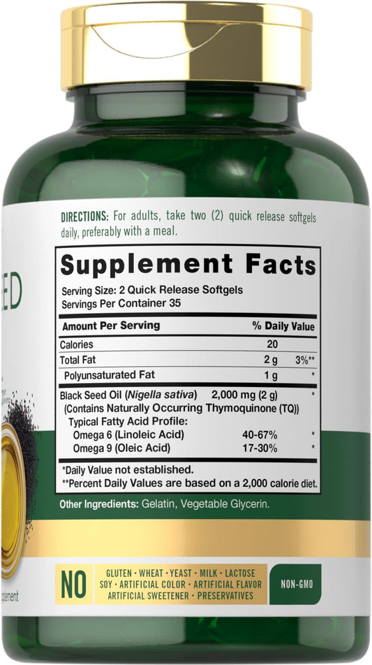Authentic Carlyle Nigella Sativa black cumin seed oil 70 softgel capsules showing clear dietary highlights.